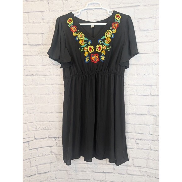 Black Brightly Embroidered Floral V Neck Tunic Coverup Dress Size 3XL - Picture 1 of 5